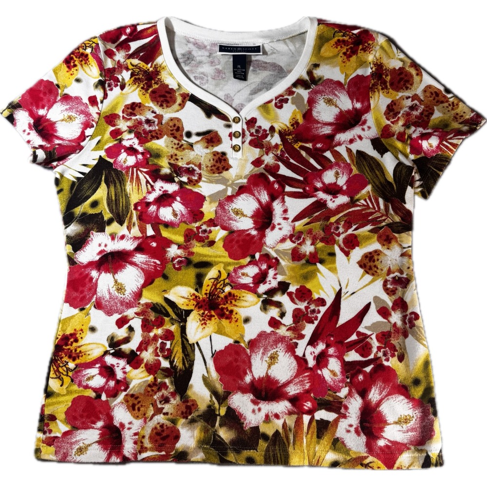 Karen Scott Petites Red Yellow Floral Hibiscus Henley Top Short Sleeve PL